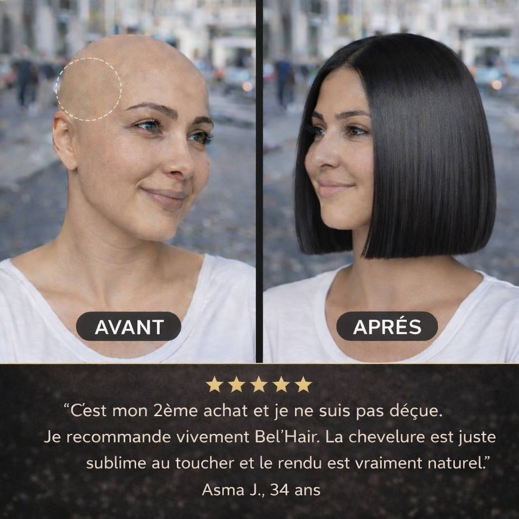 Avant après perruque cheveux naturels alopécie BEL'HAIR Paris - avis client Asma