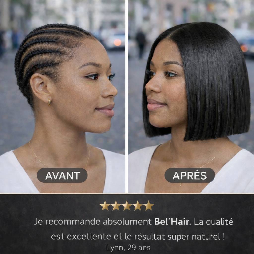 Avant après perruque carré lisse cheveux naturels BEL'HAIR Paris - avis client Lynn